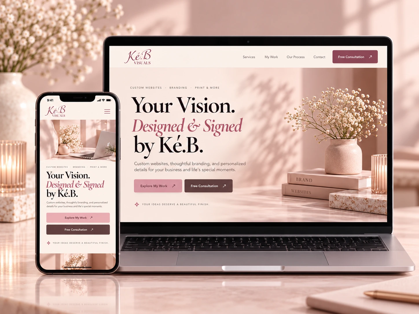 Photorealistic silver laptop and smartphone displaying matching desktop and mobile Ké.B Visuals website layouts in an elegant blush workspace