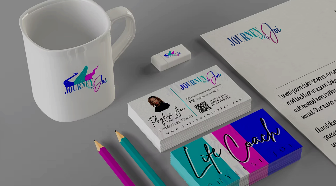 Journey with Joi logo and branding presented on a white mug, printed cards, stationery and pencils