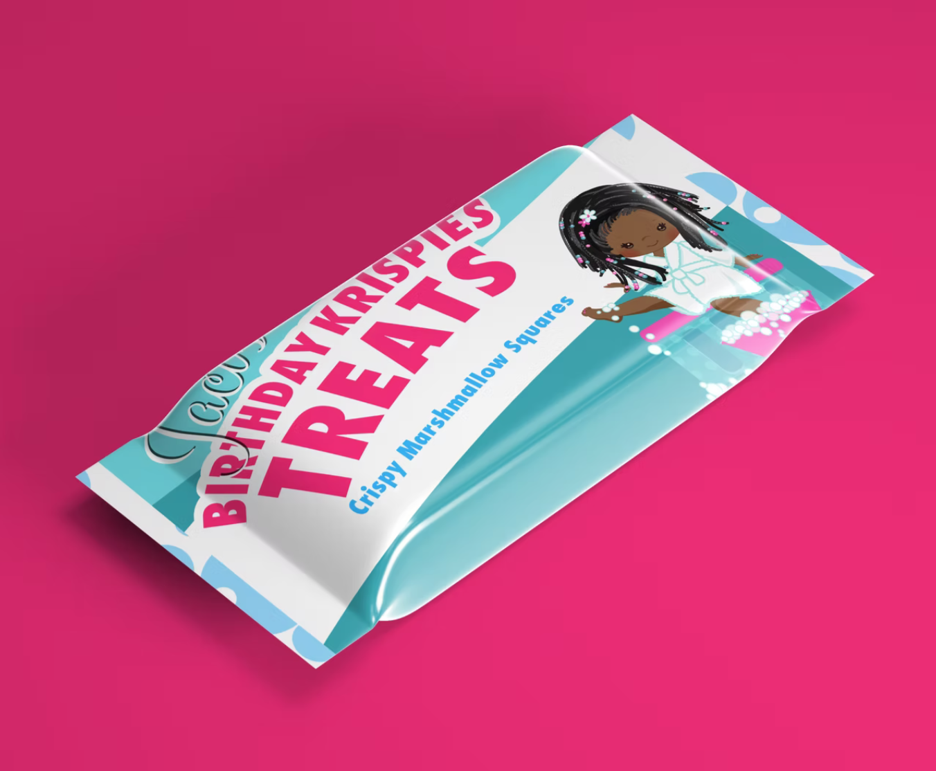 Birthday Krispies marshmallow squares treat wrapper design in teal white and bright pink