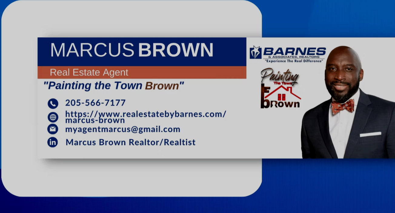 Marcus Brown realtor business card design using navy and orange, portrait and Painting the Town Brown logo