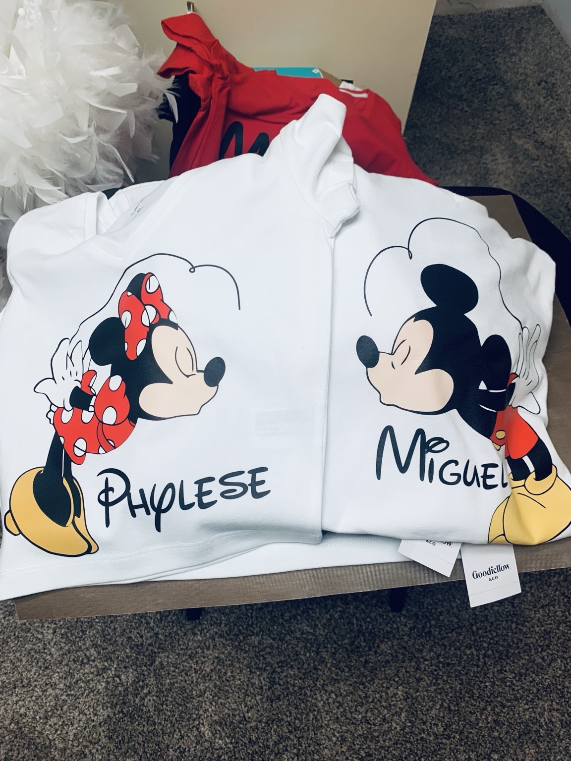 White personalized character sweatshirts photographed side-by-side