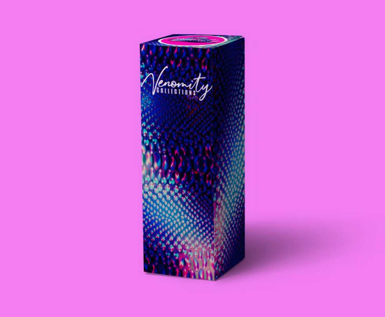 Venomity Collections patterned tall product box mockup against bright pink background