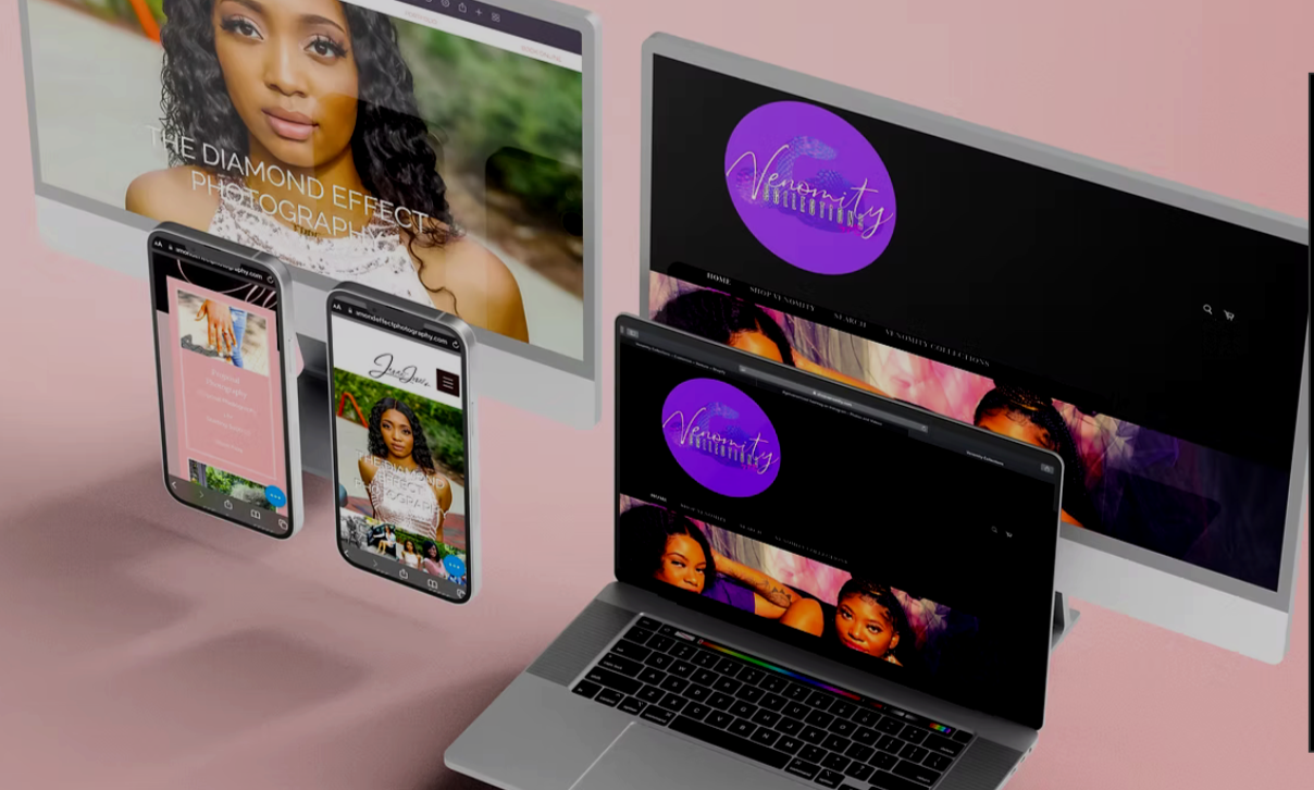 Venomity Collections purple branding presented on computer and mobile website screens alongside another website design